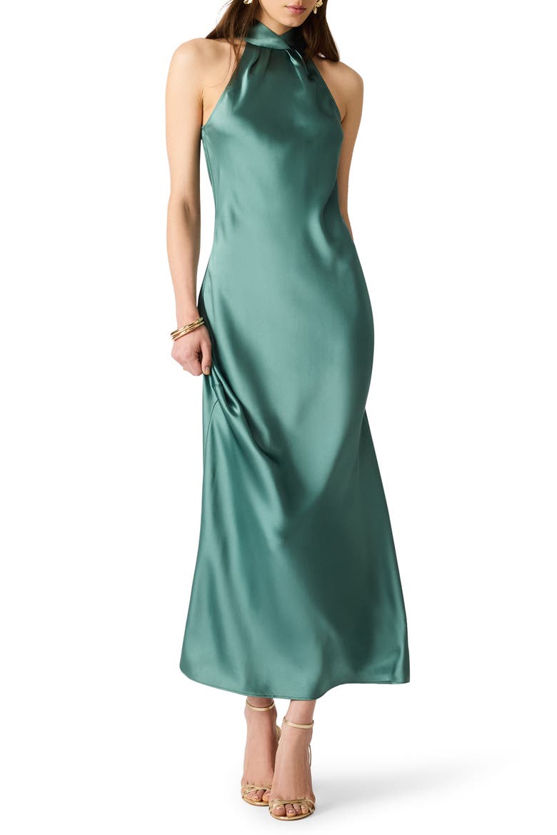 Alanah Halter Neck Satin Midi Dress, Main, color, DARK SAGE