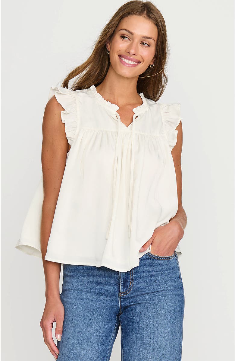 Lands' End Split Neck Satin Ruffle Blouse, Main, color, Ivory
