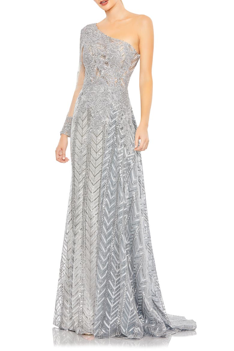 One-Shoulder Hand-Beaded Mesh Dress, Main, color, PLATINUM