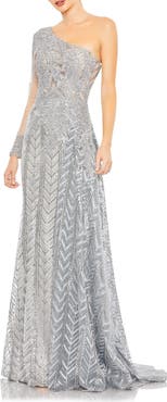 Mac Duggal One-Shoulder Hand-Beaded Mesh Dress