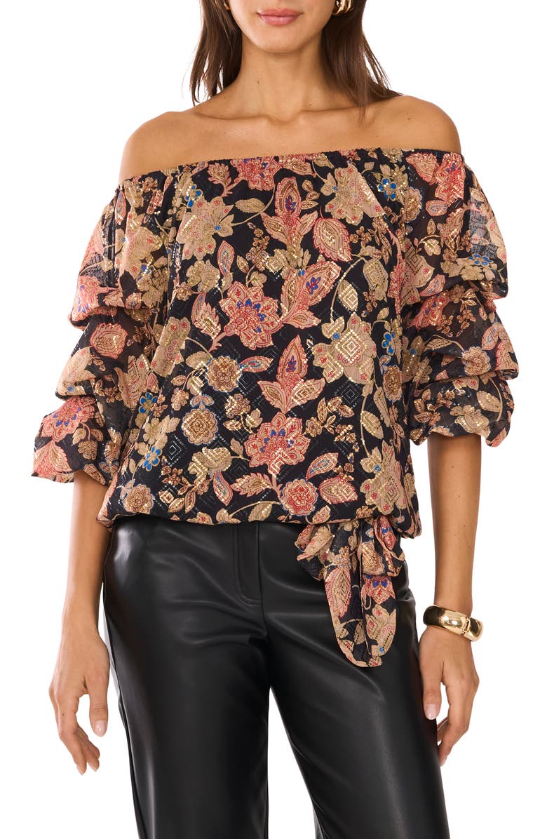 Vince Camuto Floral Off the Shoulder Bubble Sleeve Top, Main, color, Rich Black