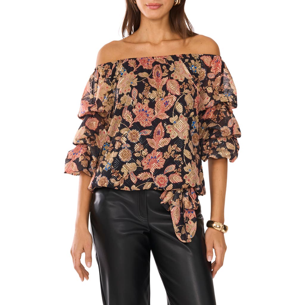Vince Camuto Floral Off The Shoulder Bubble Sleeve Top In Rich Black