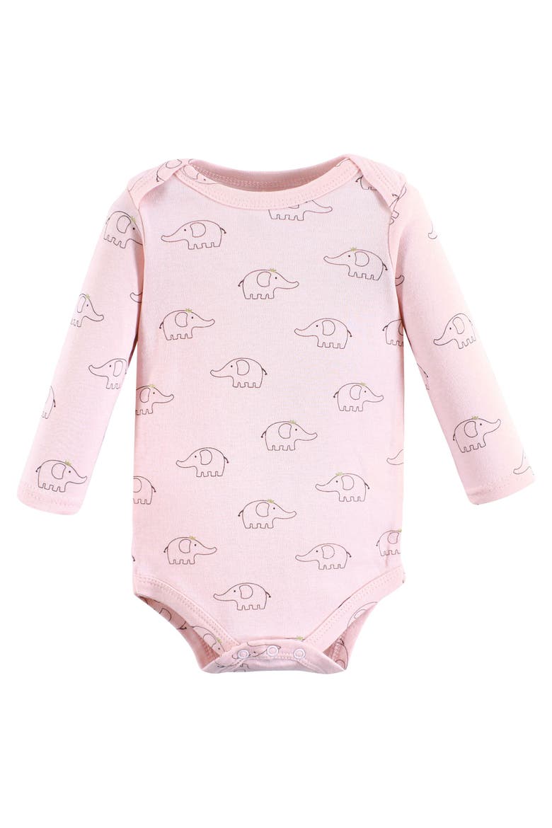 Essential All-Cotton Long-Sleeve Bodysuit Triple Pack, Alternate, color, Pink Gray Elephant