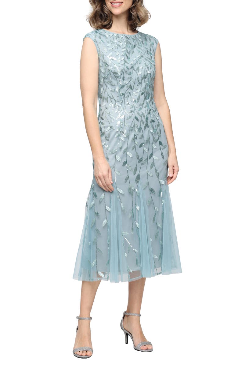 Alex Evenings Sequin Leaf Embroidery Cocktail Midi Dress, Main, color, Ice Sage