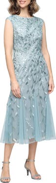 Alex Evenings Sequin Leaf Embroidery Cocktail Midi Dress