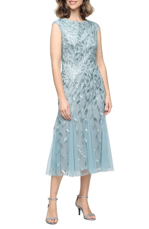 Alex Evenings Sequin Leaf Embroidery Cocktail Midi Dress In Green