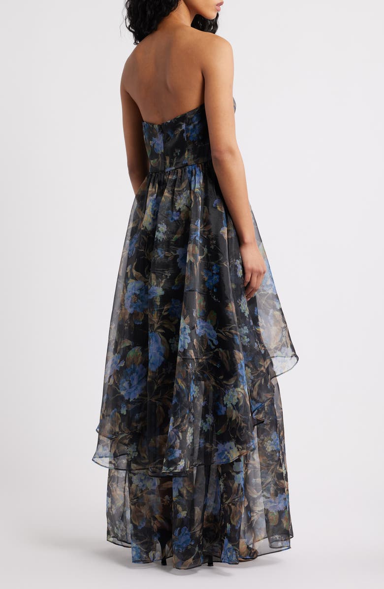Lulus Marie Strapless Tiered Maxi Cocktail Dress, Alternate, color, Black Floral