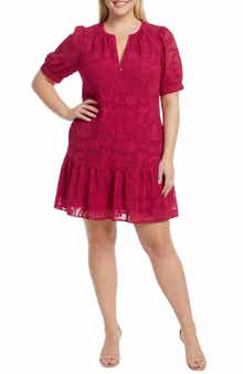 London Times Zip Front Short Sleeve Burnout Shift Dress