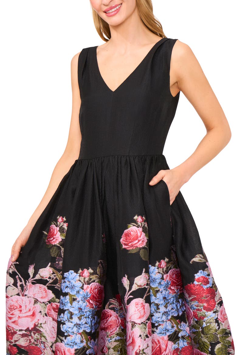 Floral Sleeveless Brocade Fit & Flare Midi Dress, Alternate, color, RICH BLACK
