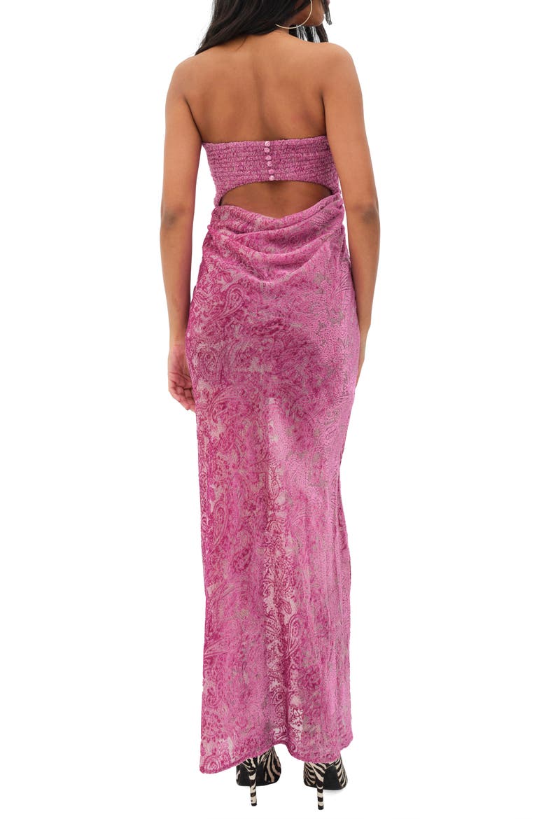 Francesca Paisley Strapless Burnout Velveteen Dress with Scarf, Alternate, color, PURPLE