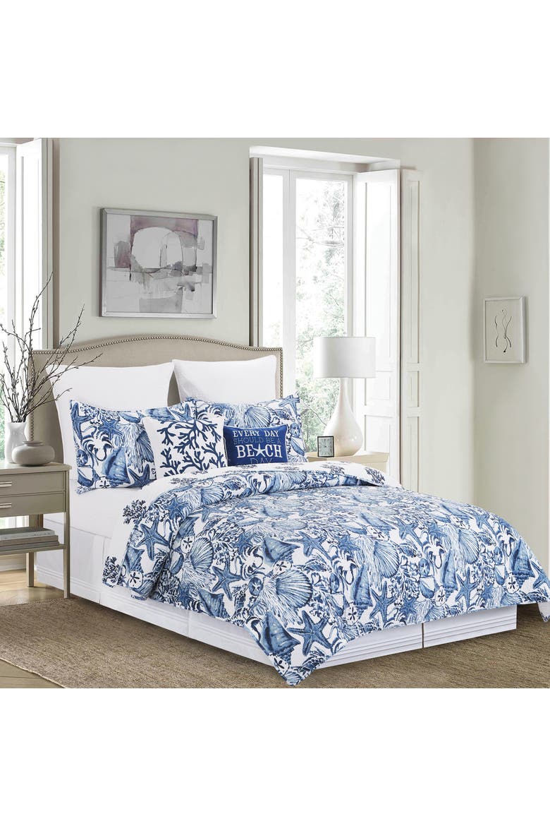 Blue Coast Shells Queen Reversible Bedspread, Main, color, Blue