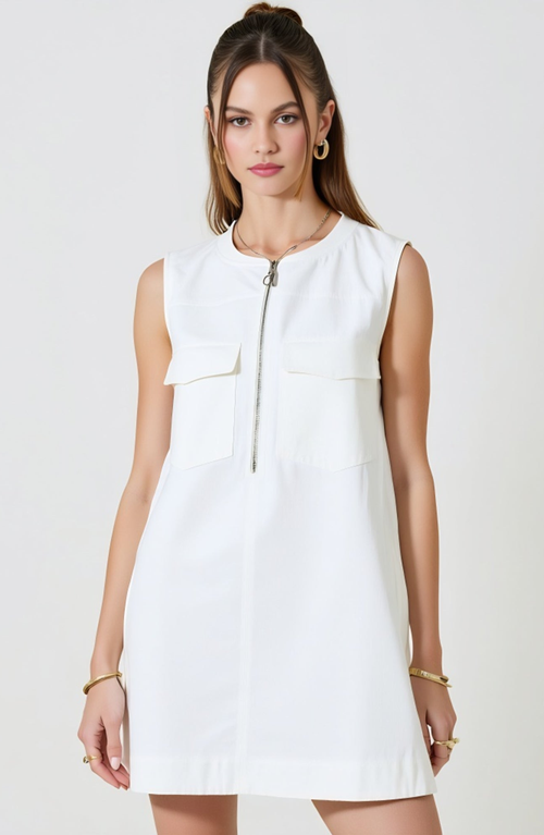 Modenaire Sleeveless Mini Dress With Zip Front And Patch Pockets In White