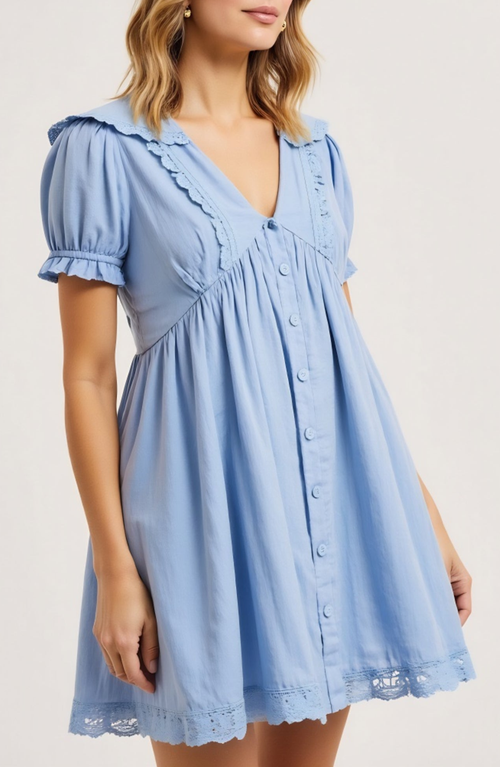 Modenaire Button-front Mini Dress With Lace Trim Puff Sleeves And Ruffle Details In Blue