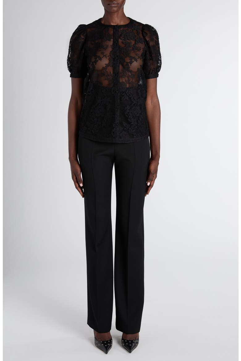 Puff Sleeve Sheer Floral Lace Shirt, Alternate, color, BLACK
