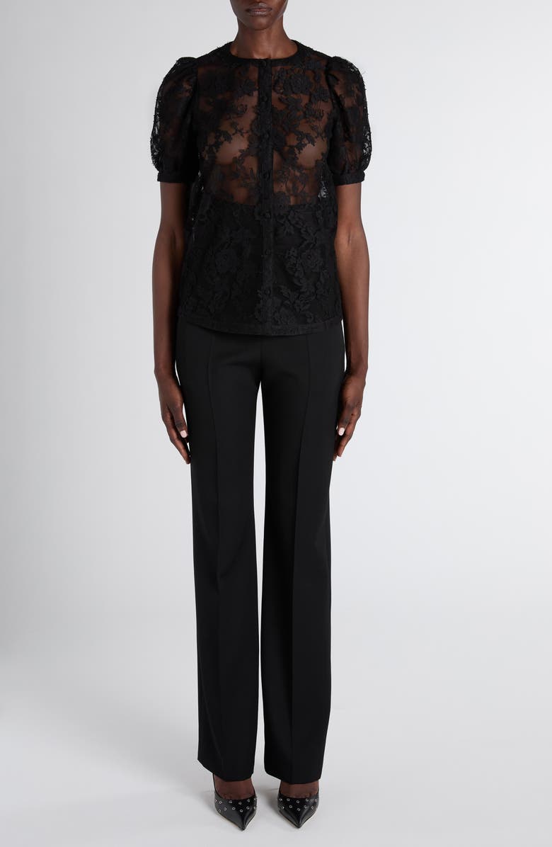 McQueen Puff Sleeve Sheer Floral Lace Shirt, Alternate, color, Black