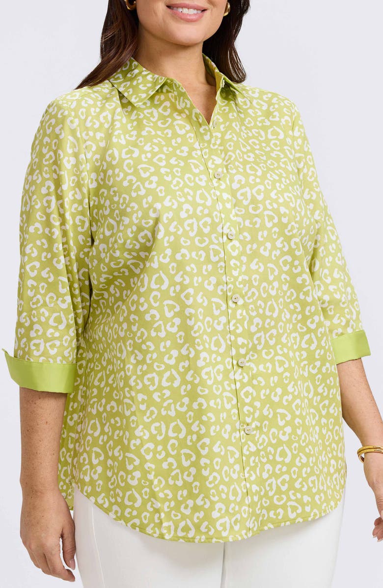 Foxcroft Margie Leopard Print Three-Quarter Sleeve Cotton Button-Up Shirt, Main, color, Chartreuse Multi
