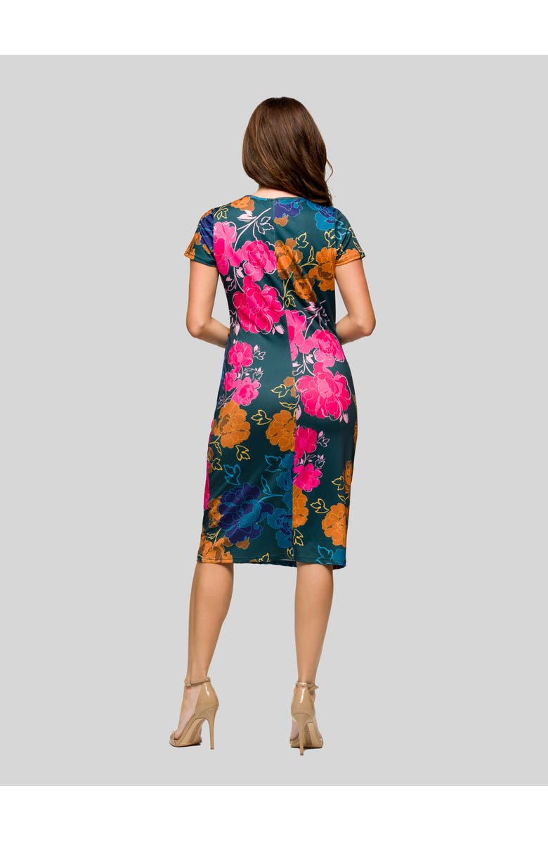 24seven Comfort Apparel Blue Floral Knee Length Short Sleeve Faux Wrap Dress, Alternate, color, Green Multi