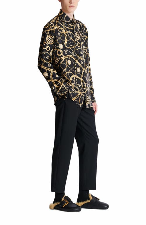 Balmain Black Shirt With Pointed Collar And Chain Print With Logo In Silk Man In Black