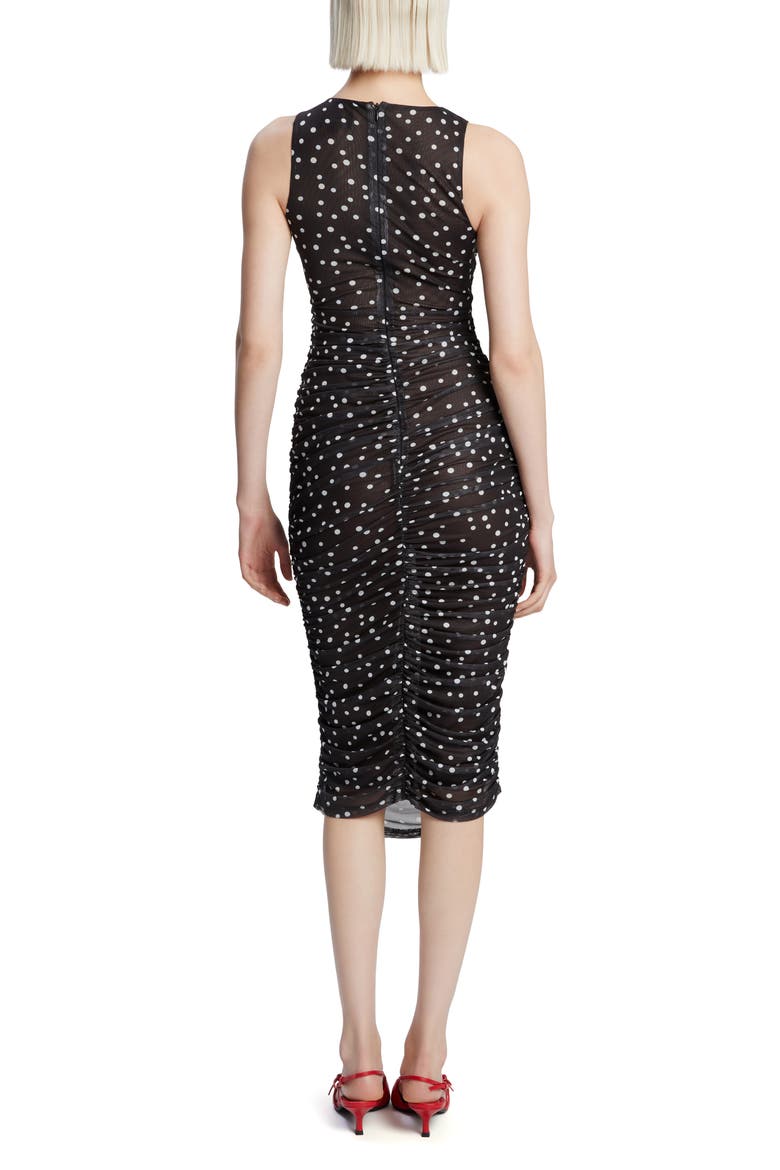Felicia Polka Dot Ruched Mesh Midi Dress, Alternate, color, BLACK SPOT