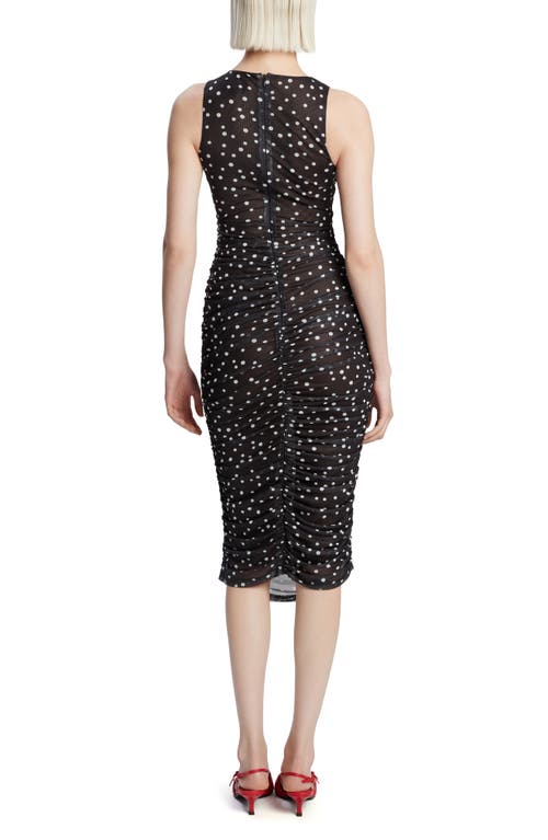 Bardot Felicia Polka Dot Ruched Mesh Midi Dress In Black Spot