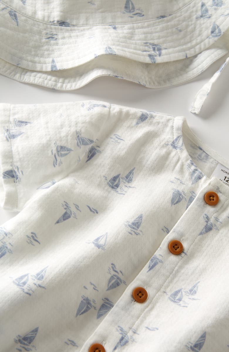 Nordstrom Print Cotton Henley Romper & Hat Set, Alternate, color, White- Blue Sailboats