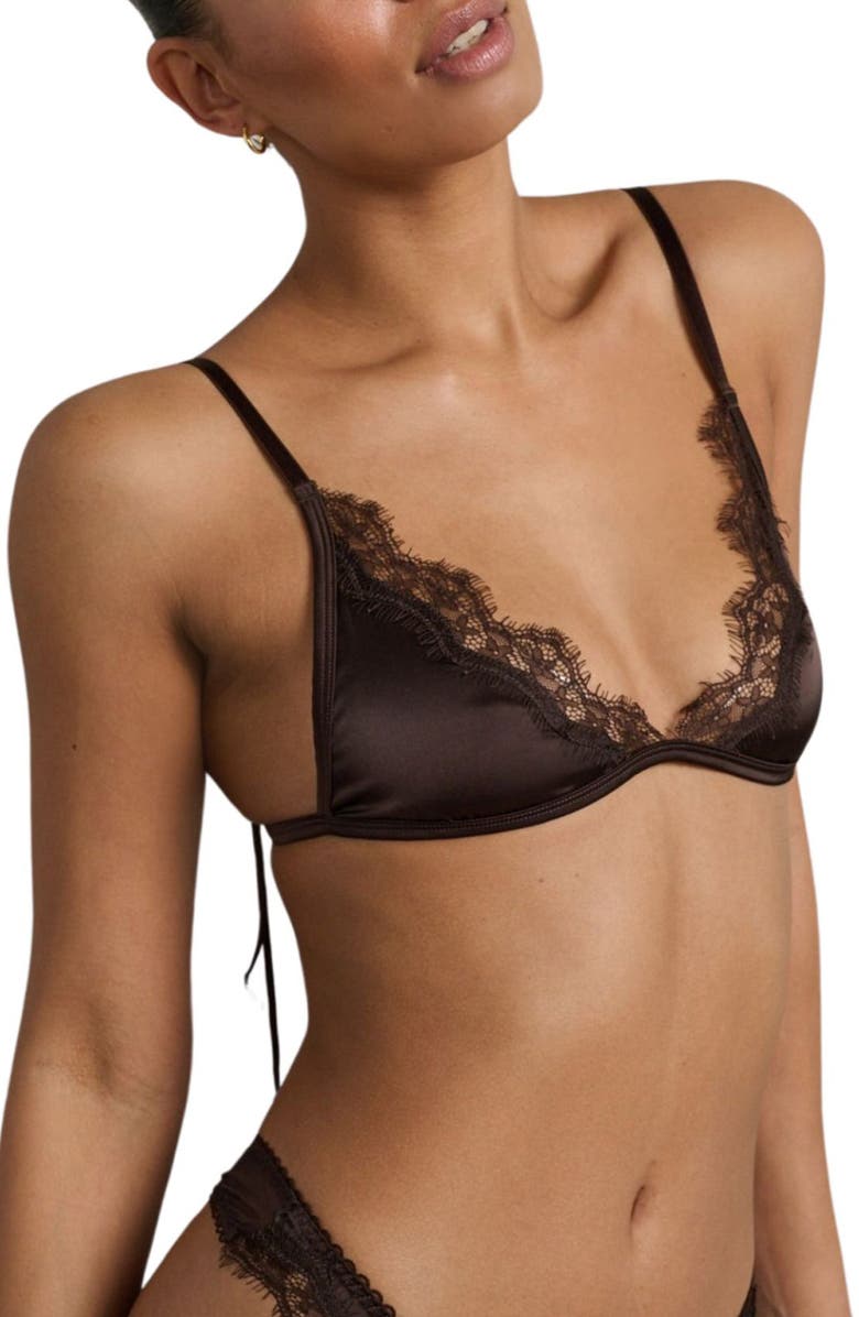 Kat The Label Sorrento Eyelash Lace Trim Satin Bralette, Main, color, Espresso