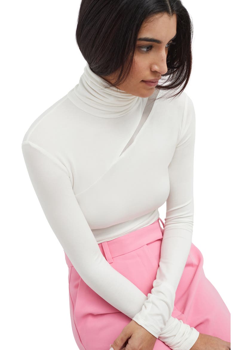 Vee Mesh Cutout Turtleneck Top, Alternate, color, OFF WHITE