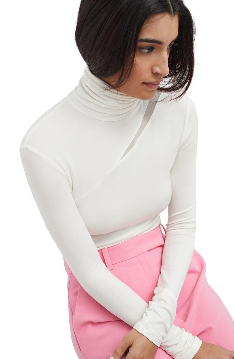 Marcella Vee Mesh Cutout Turtleneck Top, Alternate, color, Off White
