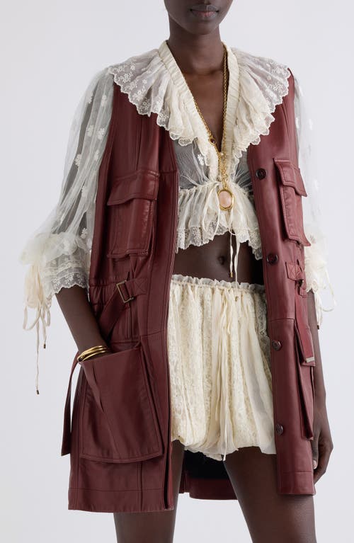 Shop Chloé Sleeveless Leather Utility Coat In Faded Mahogany