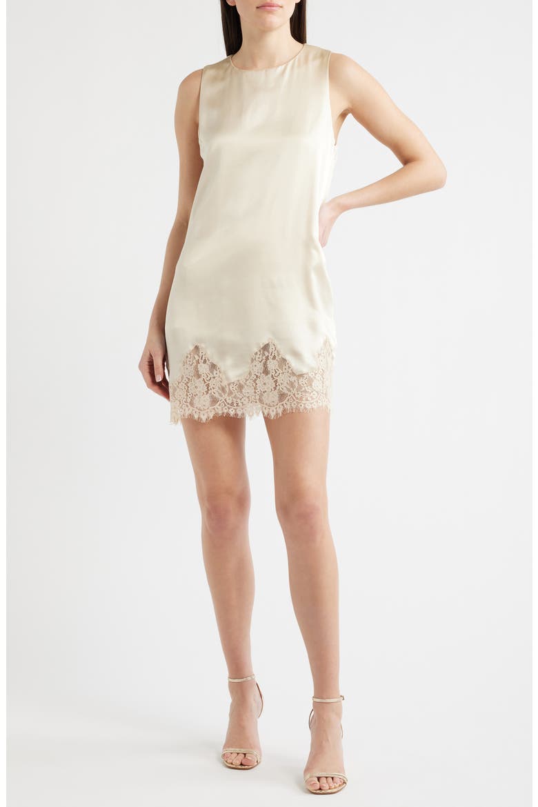 Jessalyn Sleeveless Lace Silk Minidress, Main, color, ALMOND