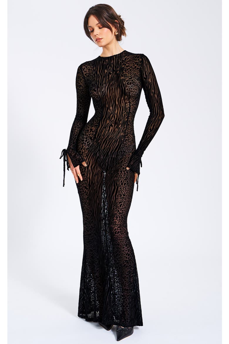 Waylyn Backless Velvet Mesh Maxi Gown, Main, color, Black Print