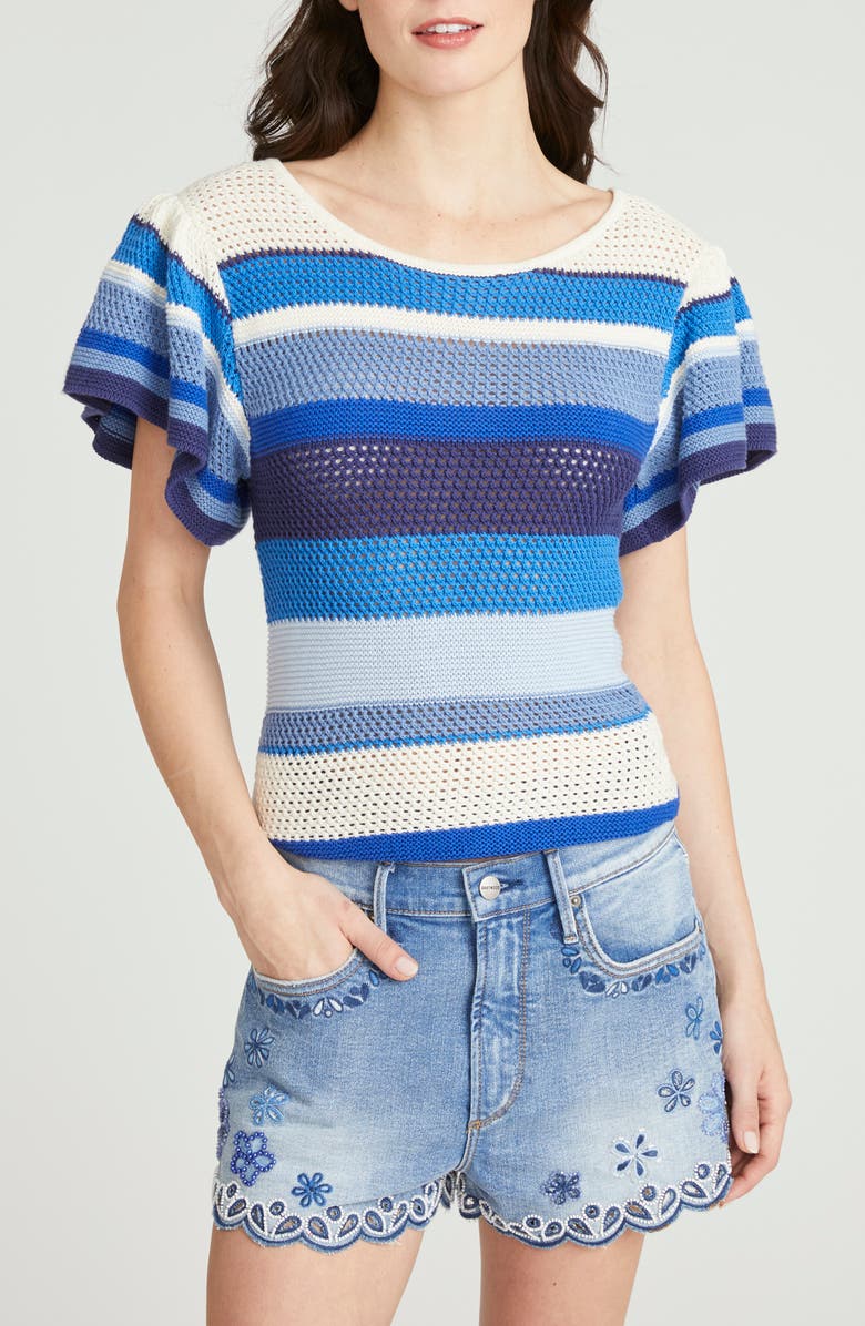 Driftwood Stripe Short Sleeve Cotton Crop Sweater, Main, color, Blue Multi