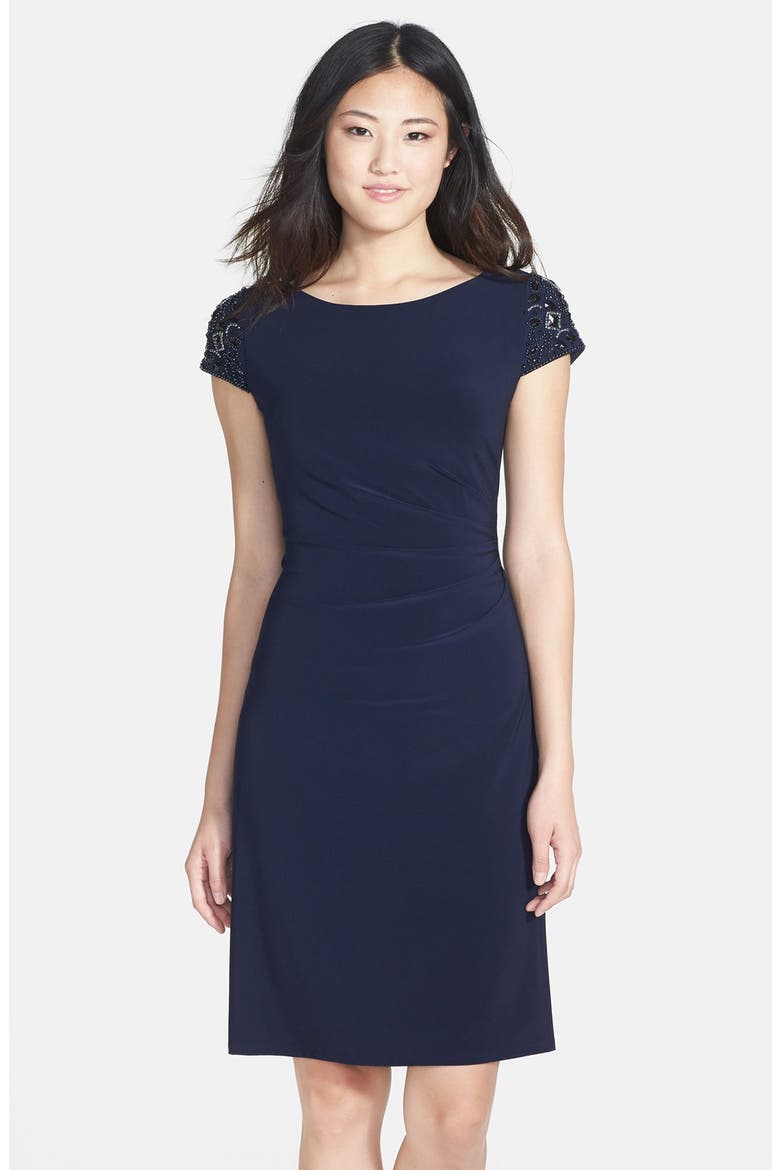 Embellished Sleeve Ruched Sheath Dress, Main, color, NAVY
