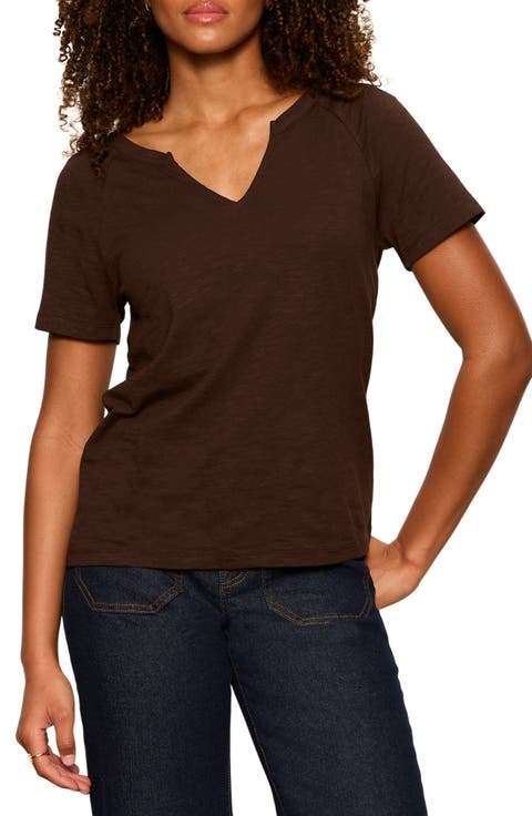Notch V-Neck Cotton Blend T-Shirt