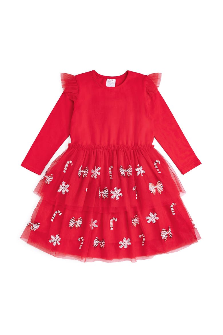 Peppermint Swirl Sequin Christmas Long Sleeve Tutu Dress, Main, color, Red