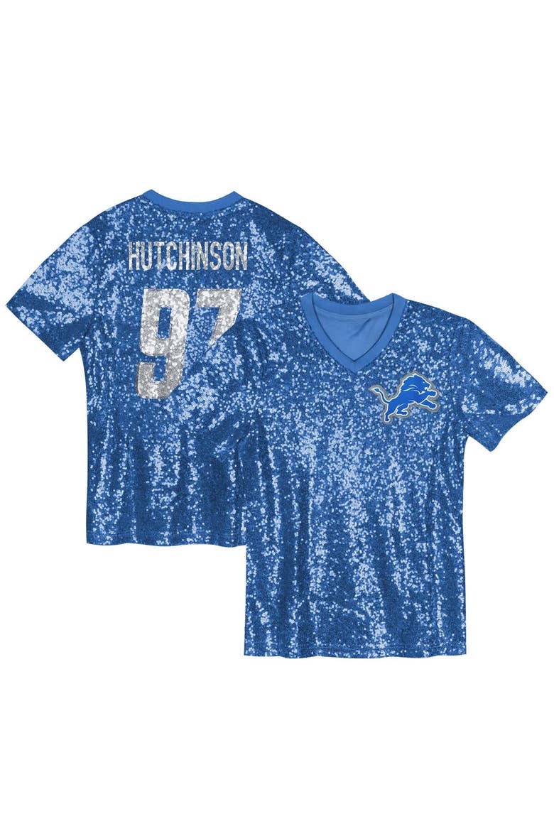 Girls Youth Aidan Hutchinson Blue Detroit Lions Sequin V-Neck Fashion Jersey, Main, color, Blue