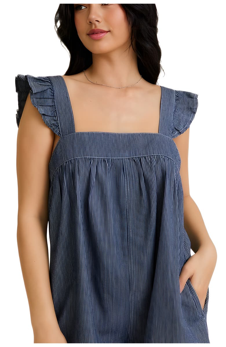 Knit and Lounge Ruffle Strap Denim Romper with Relaxed A-Line Silhouette, Alternate, color, 