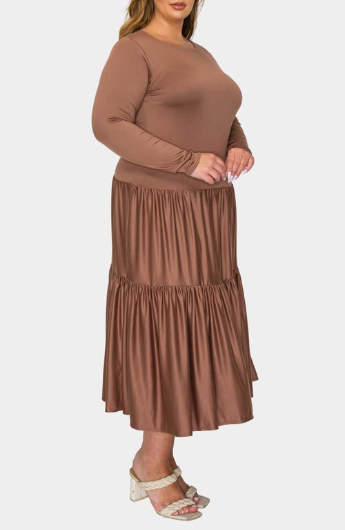 L I V D Eliana Long Sleeve Tiered Midi Dress In Brown