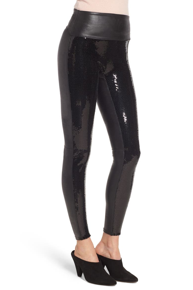 Sequin Faux Leather Leggings, Alternate, color, BLACK SEQUIN