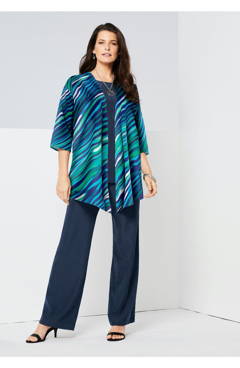 Roaman's Three Piece Pant Suit, Alternate, color, Cool Abstract Stripe
