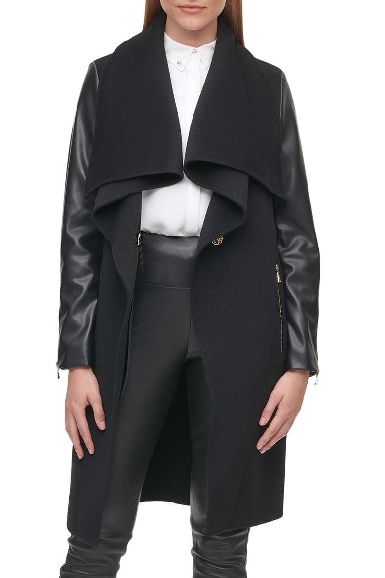 Mixed Media Draped Collar Jacket, Main, color, BLACK