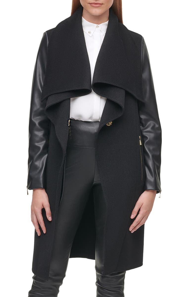 KARL LAGERFELD PARIS Mixed Media Draped Collar Jacket, Main, color,