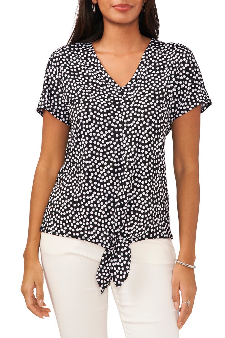 Polka Dot V-Neck Tie Front Top, Main, color, BLACK