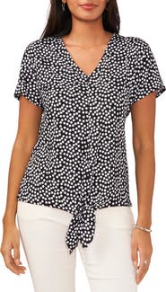 Chaus Polka Dot V-Neck Tie Front Top