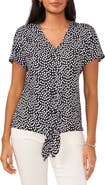 Chaus Polka Dot V-Neck Tie Front Top