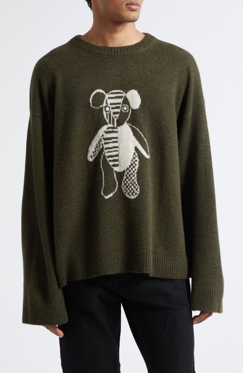 The Elder Statesman Teddy Intarsia Oversize Cashmere Sweater, Main, color, New Olive/ White