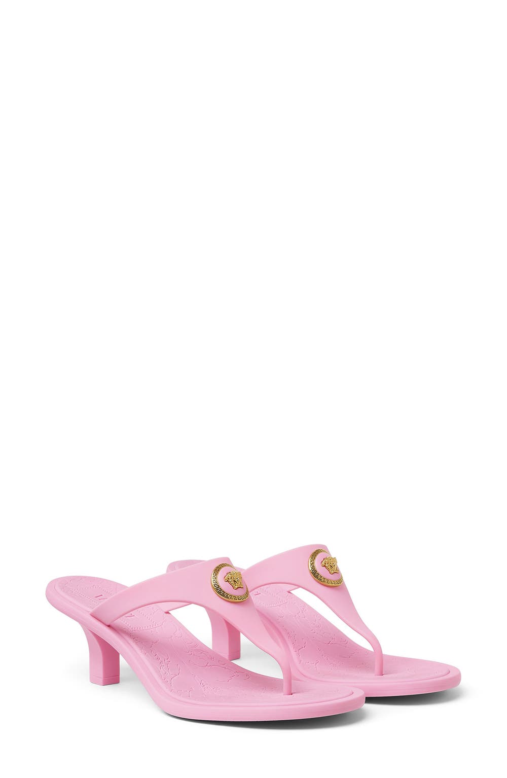 Alia Medusa T-Strap Sandal, color, GUAVA-VERSACE GOLD