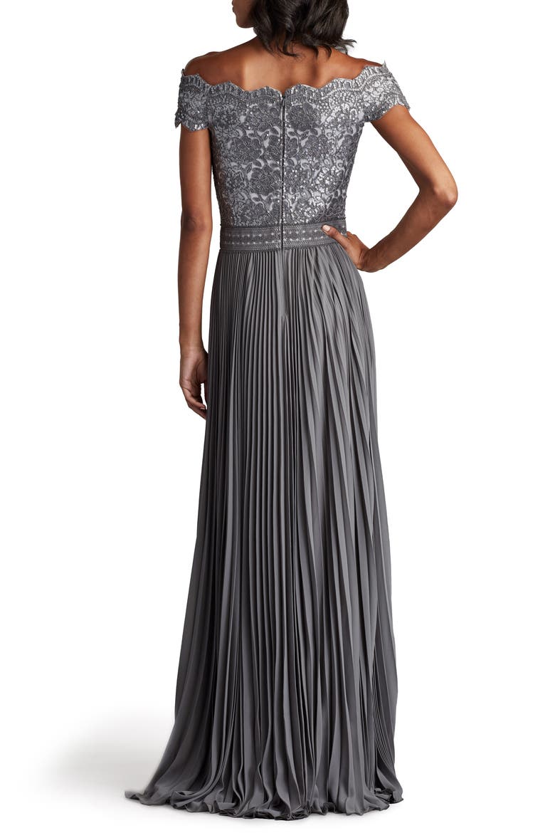 Off the Shoulder Sequin Lace Pleated Gown, Alternate, color, MIST