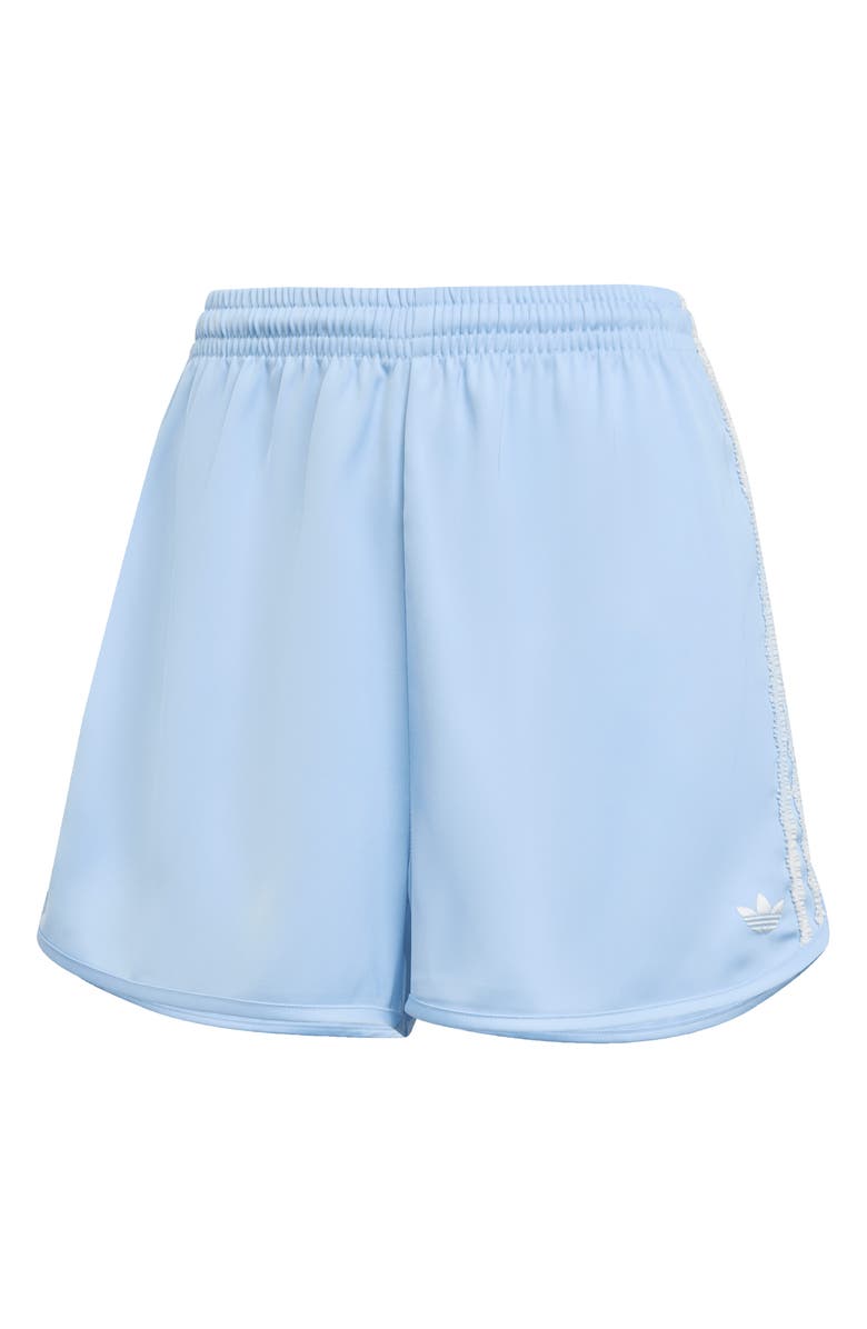 adidas Ruffle 3-Stripes Satin Shorts, Alternate, color, Clear Sky