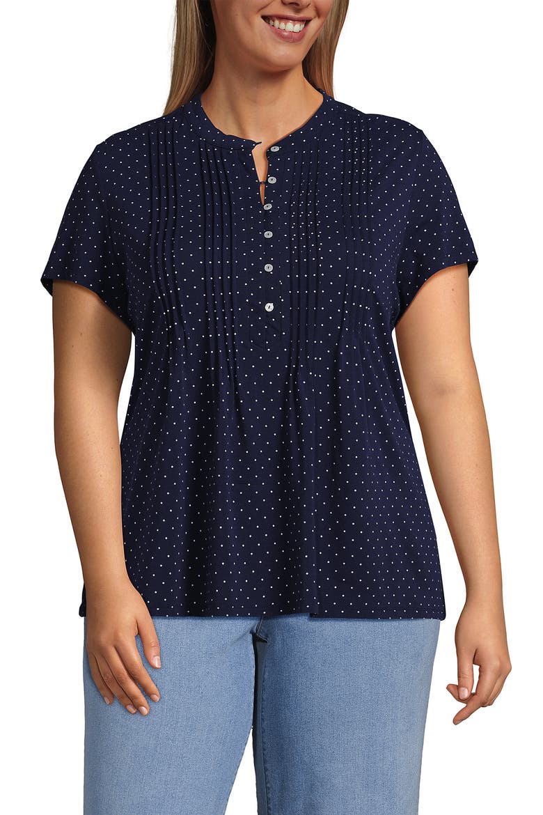 Plus Size Lightweight Jersey Button Pintuck Top, Main, color, Deep Sea Navy Pin Dot